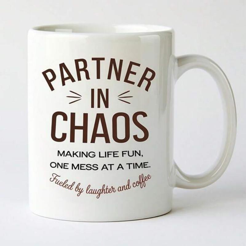 Tailorly White Ceramic 11 oz Mug - Partner In Chaos Making Life Fun One Mess At A Time Fueled By Laughter And Coffee Simple Minimalist White Ceramic Drinkware Item