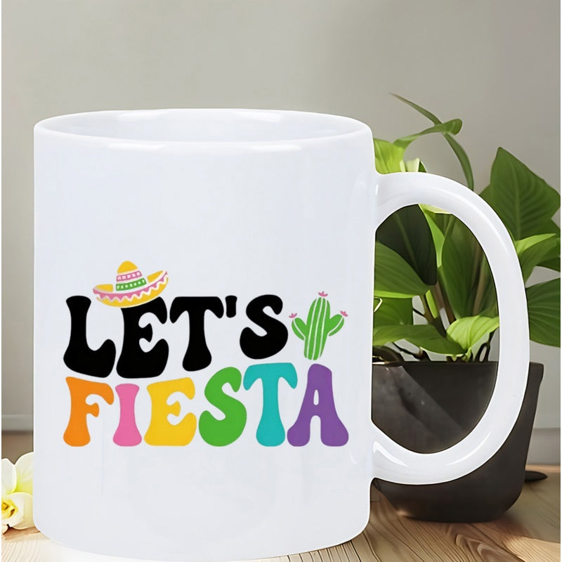 Tailorly White Ceramic 11 oz Mug - Lets Fiesta Colorful Retro Style Lettering With A Sombrero And Green Cactus
