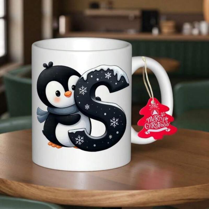 Tailorly White Ceramic 11 oz Mug - S Merry Christmas Adorable Cartoon Penguin Hugging Snowy Winter Letter Decorated With Snowflakes Penguin