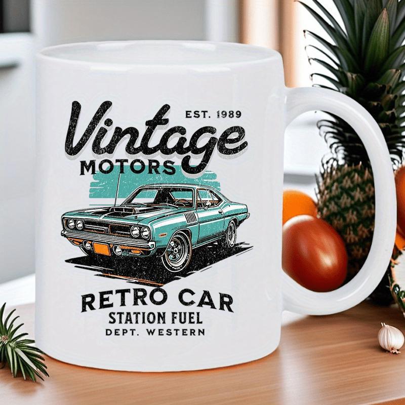 Tailorly White Ceramic 11 oz Mug - Vintage Motors Retro Car Station Fuel Dept Western Classic Teal Muscle Car Parked On A Textured Gritty Road Surface Car