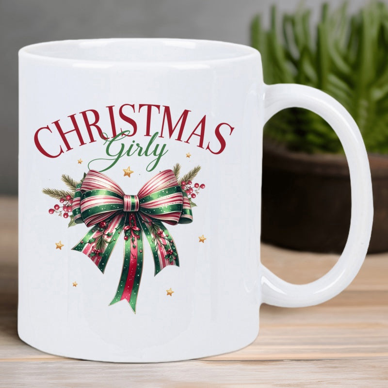 Tailorly White Ceramic 11 oz Mug - Christmas Girly Festive Striped Ribbon With Evergreen Branches And Delicate Golden Stars Bow