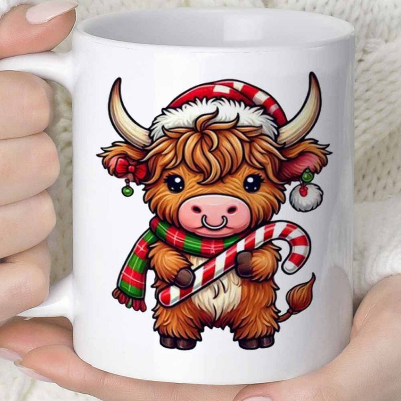 Tailorly White Ceramic 11 oz Mug - Cute Adorable Christmas Highland Calf Wearing Santa Hat Holding Candy Cane Cow