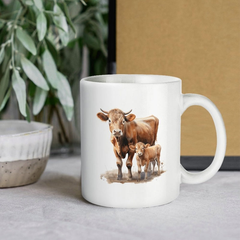 Tailorly White Ceramic 11 oz Mug - Realistic Brown Farm Animal Standing With Its Small Young Calf Cow