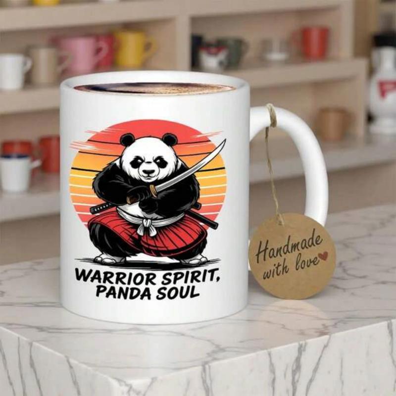 Tailorly White Ceramic 11 oz Mug - Warrior Spirit Panda Soul Fierce Samurai Warrior Holding Katana Standing Against Retro Sunset Scene Panda
