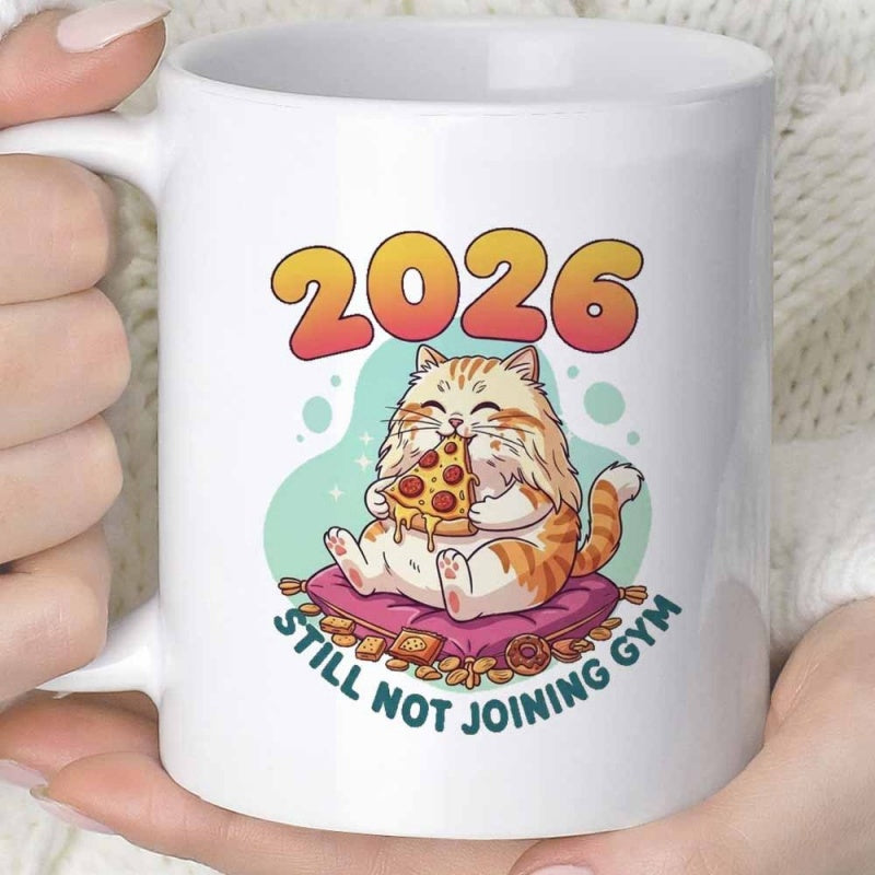 Tailorly White Ceramic 11 oz Mug - 2026 Still Not Joining Gym Cheerful Chubby Orange Tabby Eating Delicious Pizza On A Purple Cushion Cat