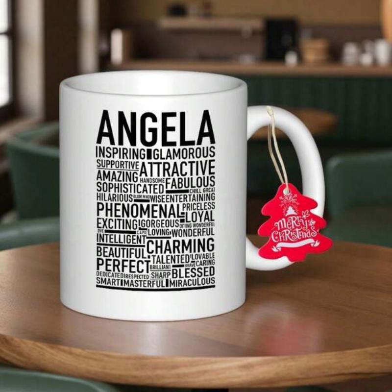 Tailorly White Ceramic 11 oz Mug - Angela Minimalist White Ceramic Cylinder Featuring Bold Black Typographic Font Layout Mug