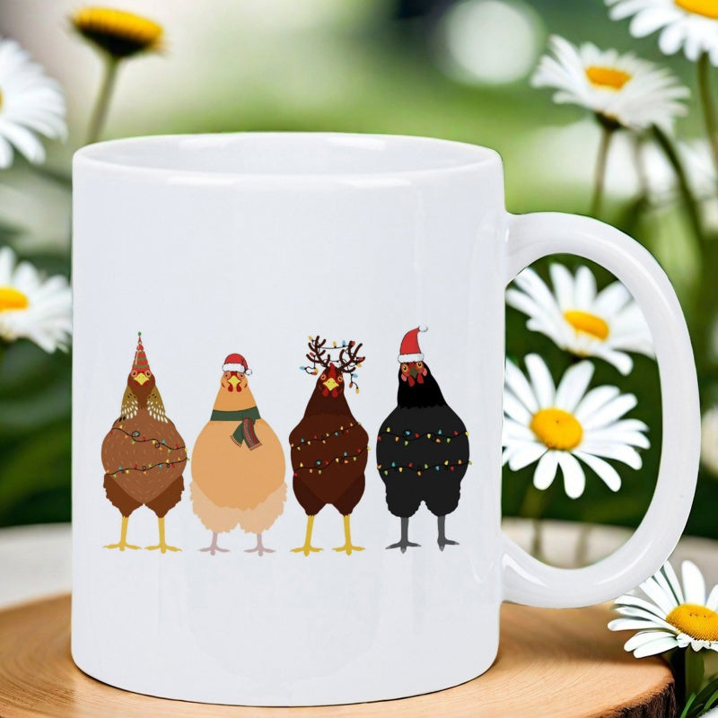 Tailorly White Ceramic 11 oz Mug - Four Festive Holiday Birds Wearing Santa Hats And Reindeer Antlers Chicken