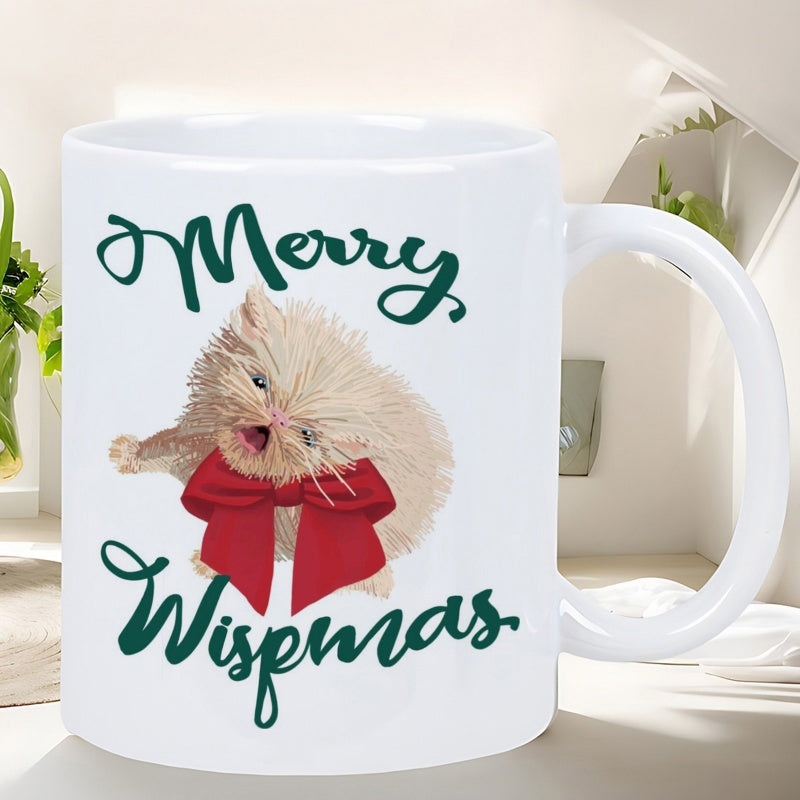 Tailorly White Ceramic 11 oz Mug - Merry Wispmas Adorable Fluffy Pet Wearing A Large Vibrant Red Festive Bow Kitten