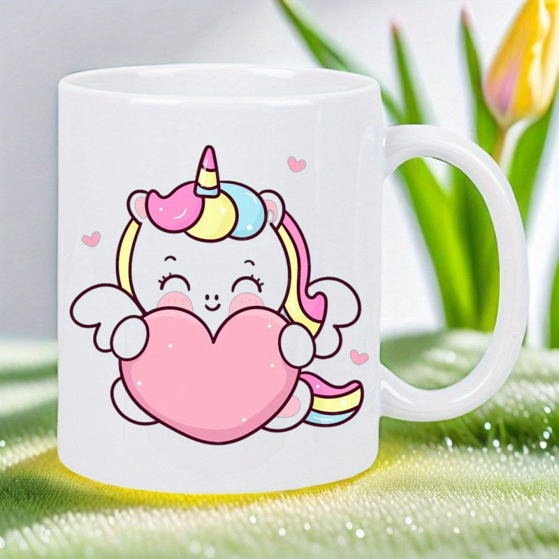 Tailorly White Ceramic 11 oz Mug - Adorable Cartoon Rainbow Maned Pegasus Holding Large Pink Heart Shaped Love Unicorn