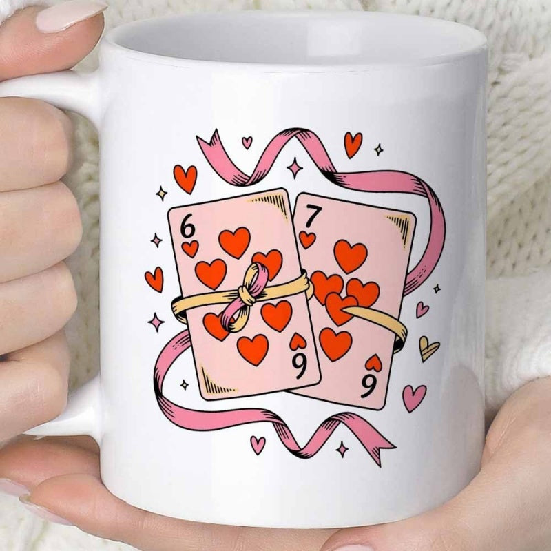 Tailorly White Ceramic 11 oz Mug - Romantic Playing Cards Wrapped With Pink Ribbons And Tiny Red Hearts Card