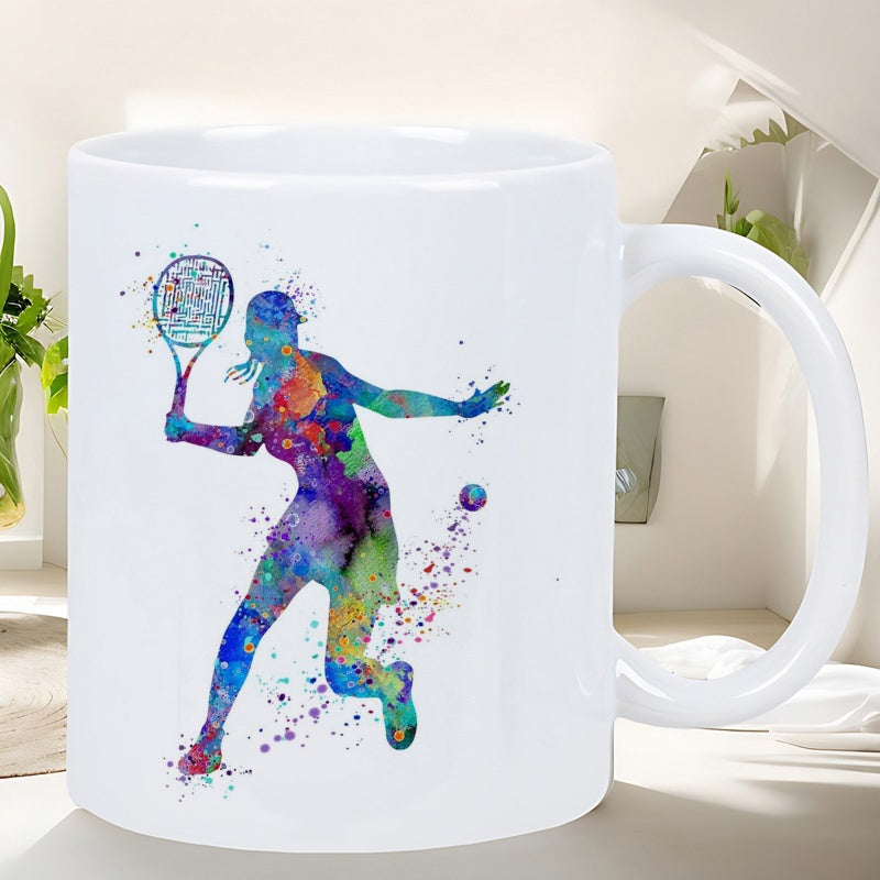 Tailorly White Ceramic 11 oz Mug - Vibrant Watercolor Splatter Silhouette Featuring A Dynamic Action Pose Player