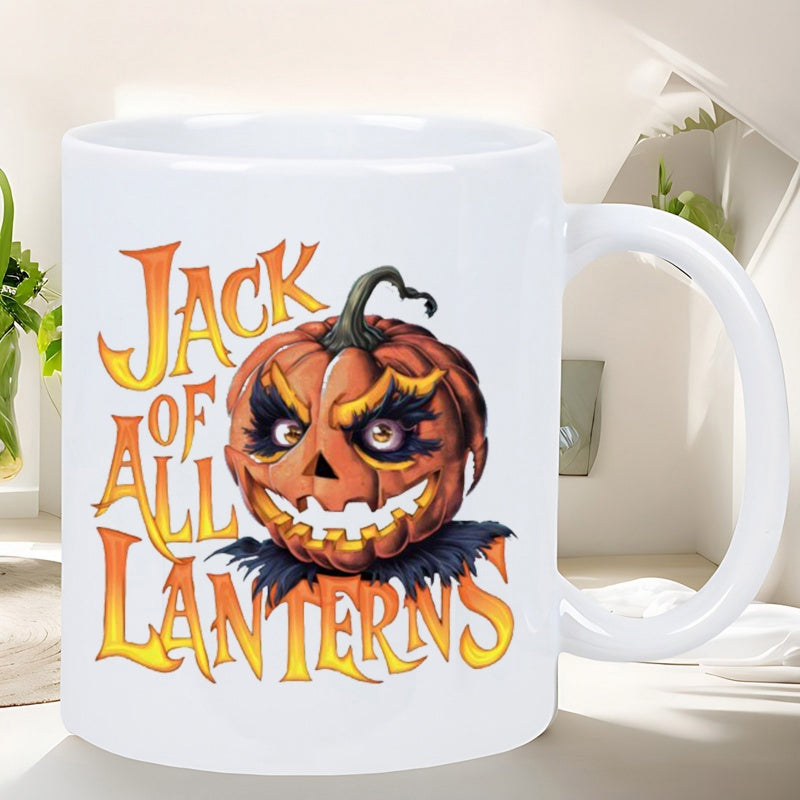 Tailorly White Ceramic 11 oz Mug - Jack Of All Lanterns Detailed Spooky Grinning Orange Gourd With Large Expressive Glowing Yellow Eyes Pumpkin