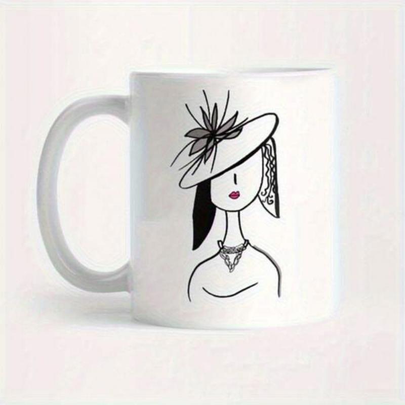 Tailorly White Ceramic 11 oz Mug - Elegant Minimalist Line Art Featuring Stylish Wide Brimmed Decorative Woman
