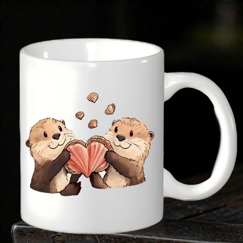 Tailorly White Ceramic 11 oz Mug - Adorable Illustrated Pair Holding A Heart Shaped Pink Seashell Sea Otter