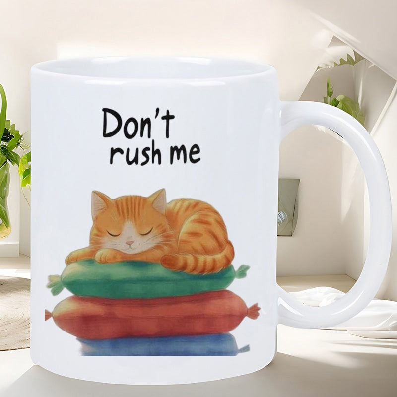 Tailorly White Ceramic 11 oz Mug - Don't Rush Me Peaceful Orange Tabby Sleeping On Soft Colorful Stacked Pillows Cat