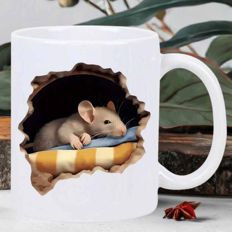 Tailorly White Ceramic 11 oz Mug - Realistic Tiny Mouse Peeking From Dark Hole Resting On Striped Bedding Mouse