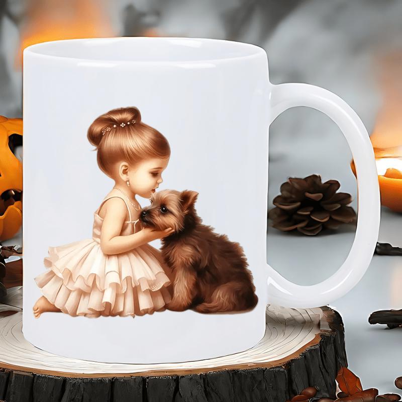 Tailorly White Ceramic 11 oz Mug - Sweet Little Girl In Ruffled Dress Gently Cuddling Fluffy Puppy