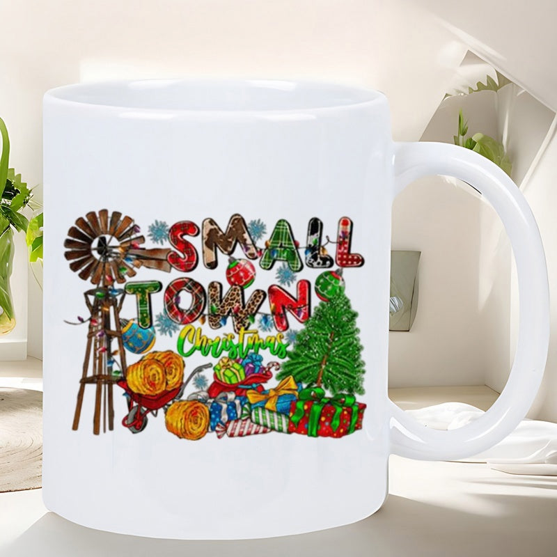 Tailorly White Ceramic 11 oz Mug - Small Town Christmas Festive Rustic Windmill Beside A Decorated Tree With Wrapped Holiday Gifts Tree