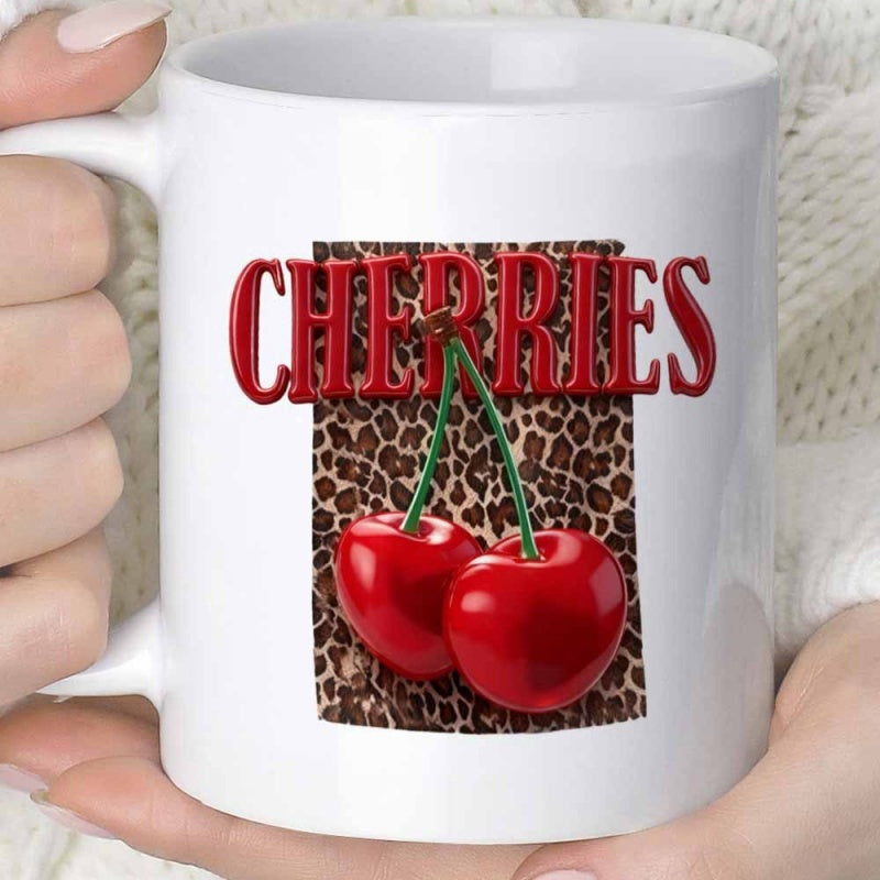 Tailorly White Ceramic 11 oz Mug - Cherries Ripe Vibrant Red Fruit Over A Classic Leopard Print Texture Cherries