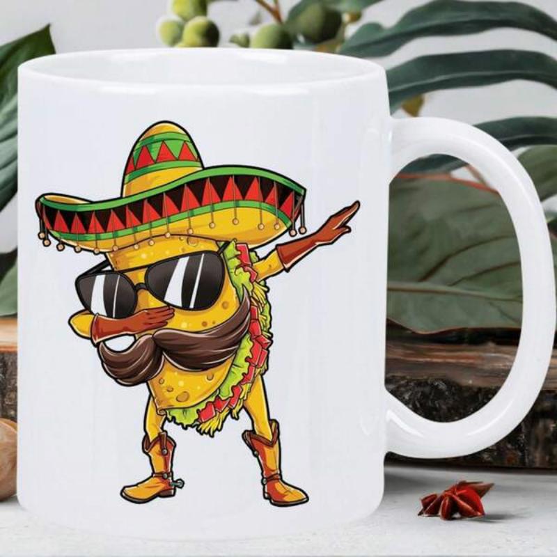 Tailorly White Ceramic 11 oz Mug - Funny Mexican Cartoon Character Wearing Sombrero And Sunglasses Doing Dabbing Dance Taco