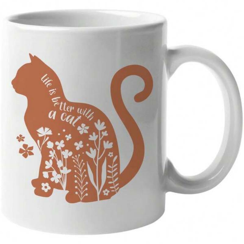 Tailorly White Ceramic 11 oz Mug - Life Is Better With A Cat Elegant Terracotta Silhouette Featuring White Floral Patterns And Botanical Details Cat