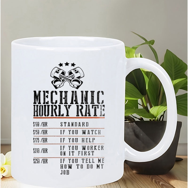 Tailorly White Ceramic 11 oz Mug - Mechanic Hourly Rate Industrial Style Crossed Pistons Featuring Decorative Stars Above Text Layout Mug