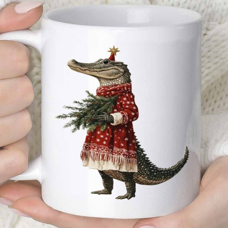 Tailorly White Ceramic 11 oz Mug - Whimsical Festive Gator Wearing Red Polka Dot Sweater Holding Evergreen Branch Alligator