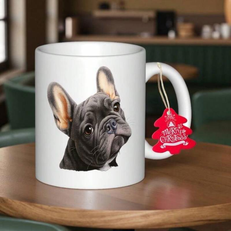 Tailorly White Ceramic 11 oz Mug - Merry Christmas Detailed Artistic Portrait Of A Black Puppy With Pointy Ears French Bulldog