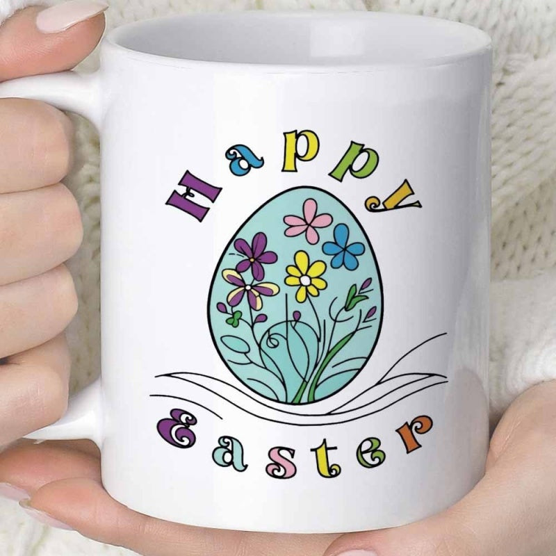 Tailorly White Ceramic 11 oz Mug - Happy Easter Colorful Flowers Blooming Inside A Decorated Blue Festive Egg