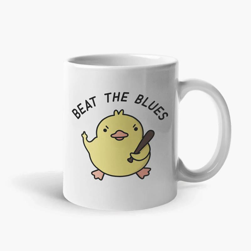 Tailorly White Ceramic 11 oz Mug - Beat The Blues Angry Yellow Duckling Holding A Wooden Baseball Bat In A Determined Stance Duck
