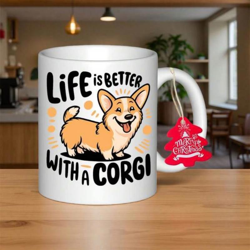 Tailorly White Ceramic 11 oz Mug - Life Is Better With A Corgi Adorable Smiling Cartoon Dog Standing Among Bright Yellow Decorative Elements Corgi