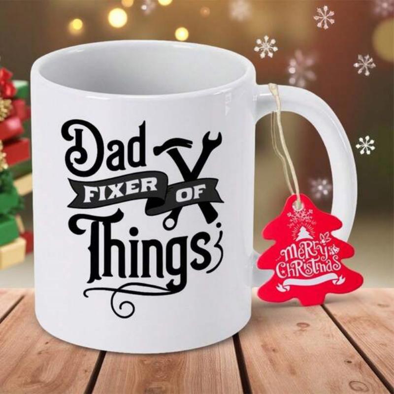 Tailorly White Ceramic 11 oz Mug - Dad Fixer Of Things Crossed Hammer And Wrench Elements With Stylish Decorative Script Ribbon Tools