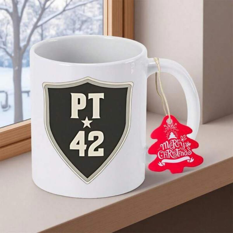 Tailorly White Ceramic 11 oz Mug - Pt 42 Classic Shield Shape With Star Icon And White Numbers Mug