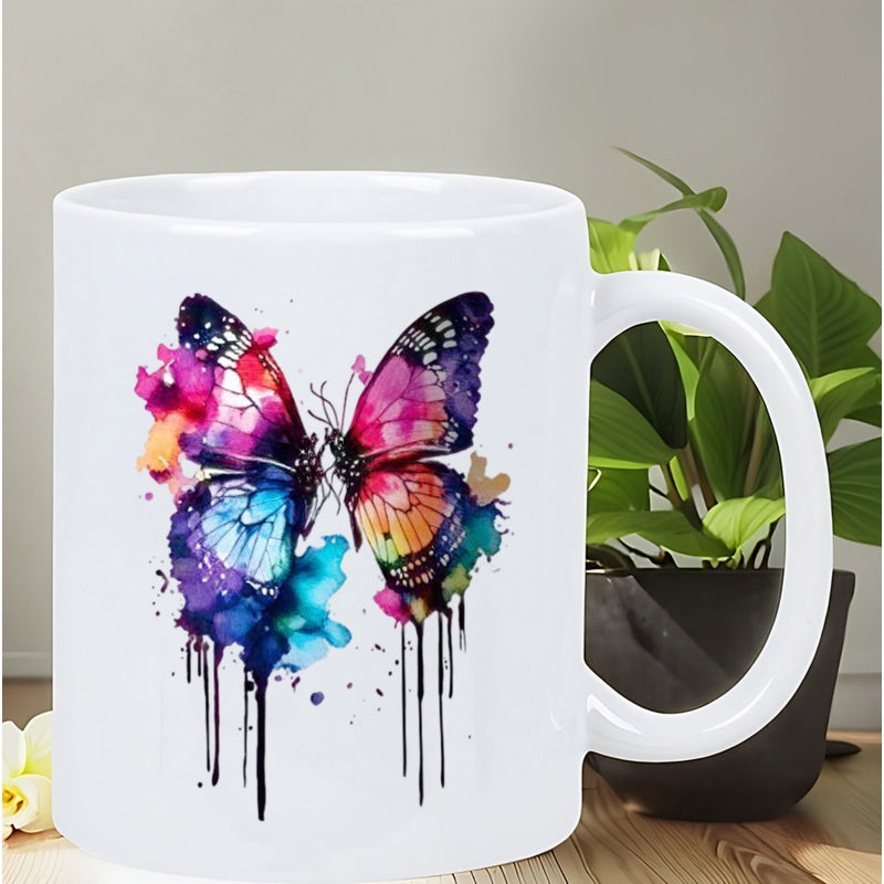 Tailorly White Ceramic 11 oz Mug - Vibrant Watercolor Wings With Colorful Ink Drips And Splatters Butterfly