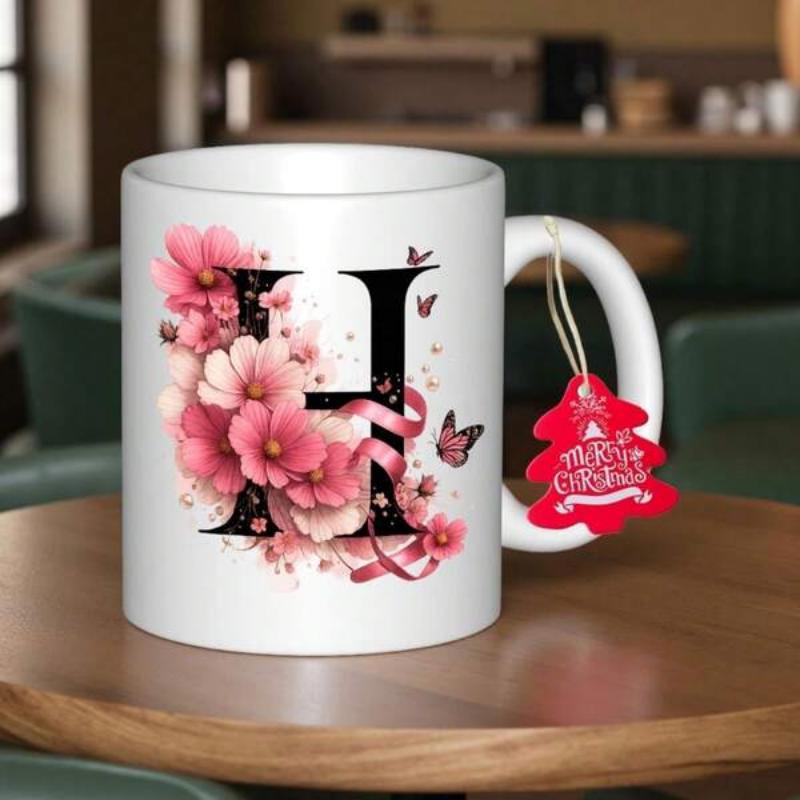 Tailorly White Ceramic 11 oz Mug - H Merry Christmas Elegant Pink Flowers Blooming Around A Bold Black Serif Style Letter H