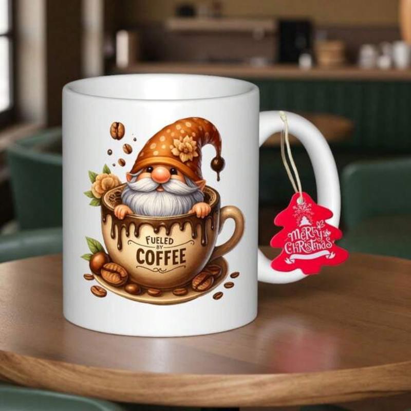 Tailorly White Ceramic 11 oz Mug - Fueled By Coffee Charming Character Resting Inside A Coffee Cup With Scattered Roasted Beans Gnome