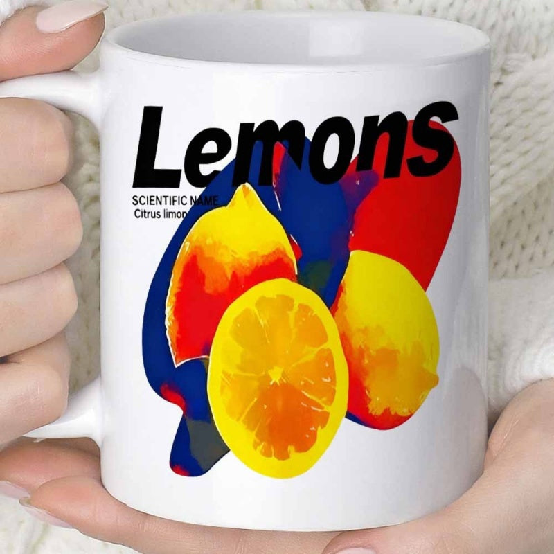 Tailorly White Ceramic 11 oz Mug - Lemons Scientific Name Citrus Limonum Abstract Colorful Artistic Backdrop With Vibrant Yellow Fresh Sliced Citrus Lemon