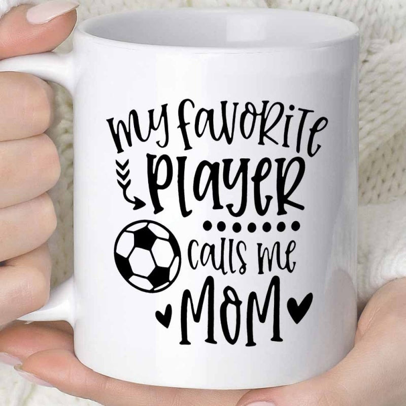 Tailorly White Ceramic 11 oz Mug - My Favorite Player Calls Me Mom Elegant Hand Drawn Elements Including Tiny Hearts And Sporty Arrow Soccer Ball