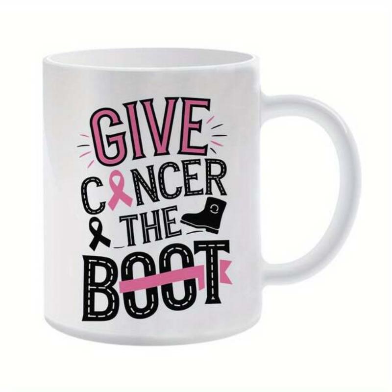 Tailorly White Ceramic 11 oz Mug - Give Cancer The Boot Stylized Pink Ribbon Featuring Black Work Shoe With Road Texture Typography Boot