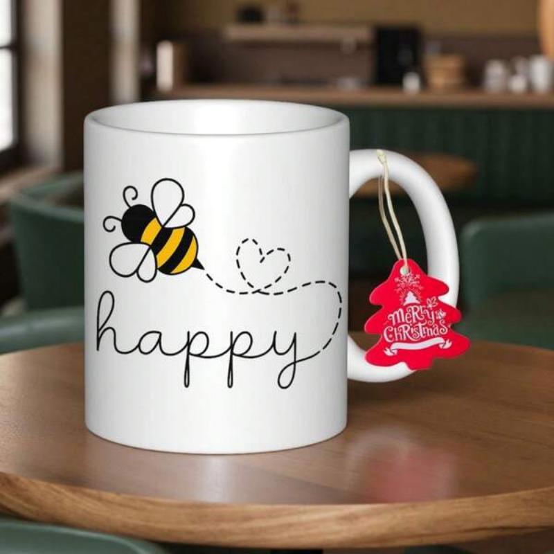 Tailorly White Ceramic 11 oz Mug - Happy Cute Cartoon Yellow Bumblebee Flying Along Dotted Heart Trail Bee