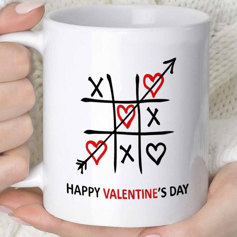 Tailorly White Ceramic 11 oz Mug - Happy Valentine Day Hand Drawn Tic Tac Toe Grid With Romantic Red Hearts
