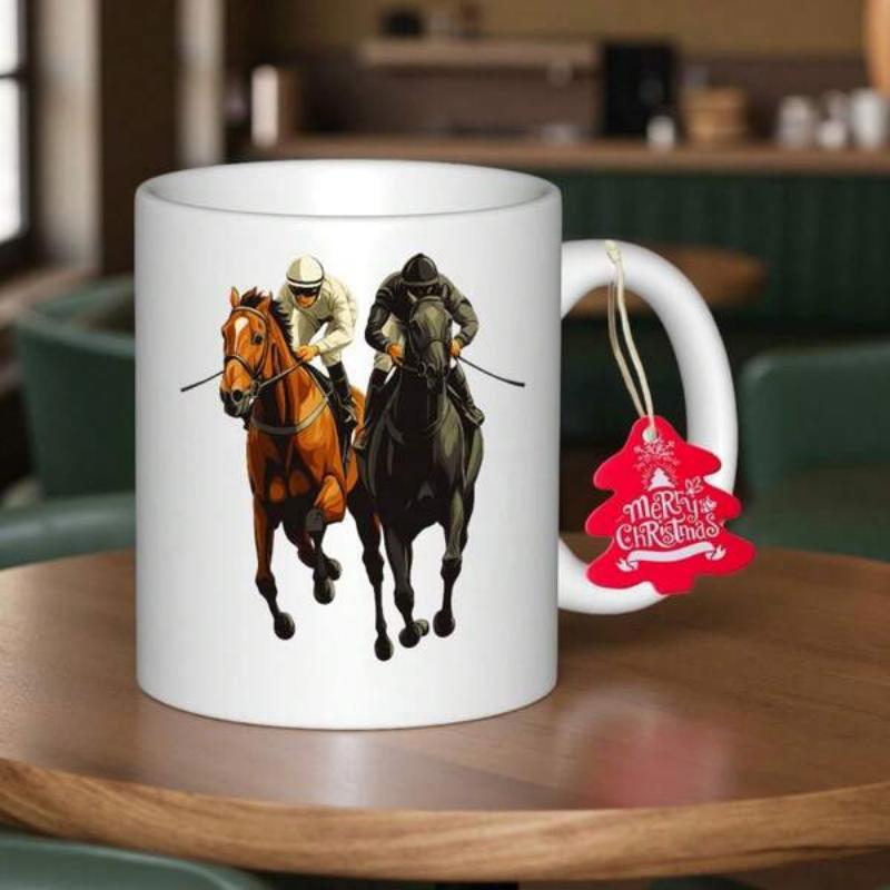 Tailorly White Ceramic 11 oz Mug - Merry Christmas Dynamic Racing Horses With Jockeys Galloping Fast Against A White Background Horse
