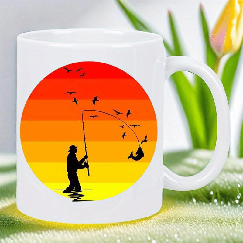 Tailorly White Ceramic 11 oz Mug - Vintage Gradient Sunset With Flying Birds Hooked Fish And Silhouette Fisherman