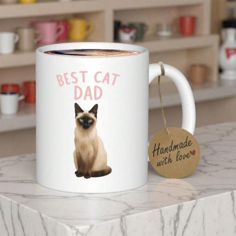 Tailorly White Ceramic 11 oz Mug - Best Cat Dad Elegant Sitting Siamese Feline With Pointed Ears And Deep Eyes Cat