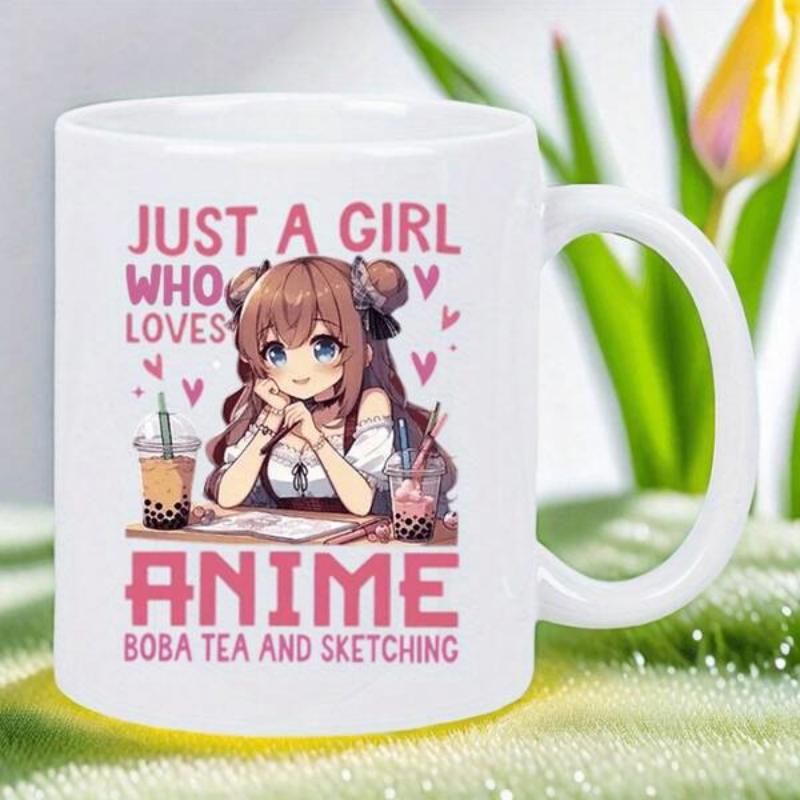 Tailorly White Ceramic 11 oz Mug - Just A Girl Who Loves Anime Boba Tea And Sketching Adorable Anime Style Character Sipping Boba While Enjoying Artistic Sketching