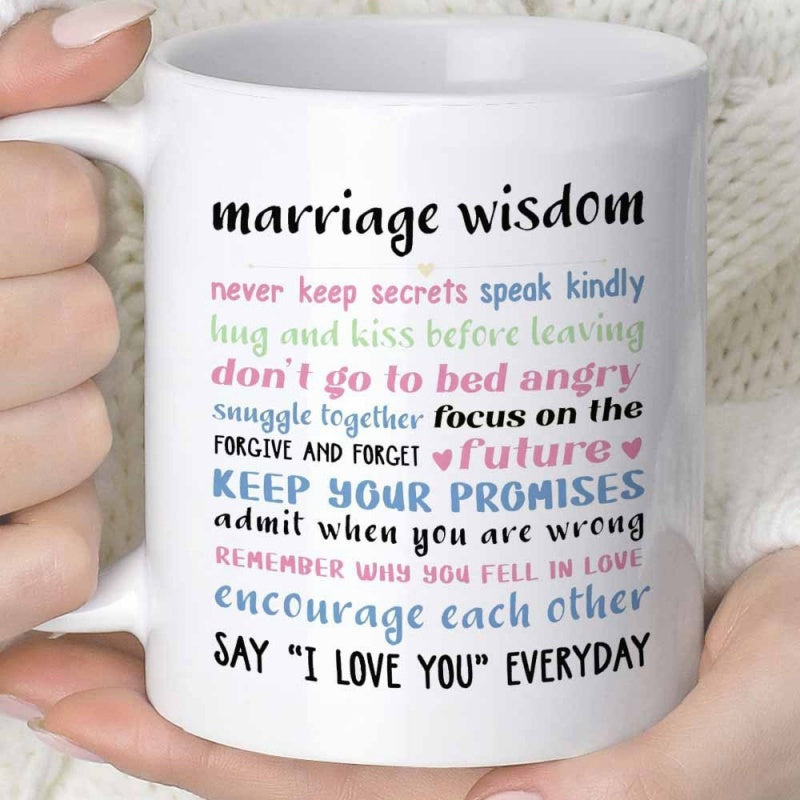 Tailorly White Ceramic 11 oz Mug - Marriage Wisdom White Ceramic Vessel Featuring Colorful Handwritten Motivational Phrases And Small Hearts Mug