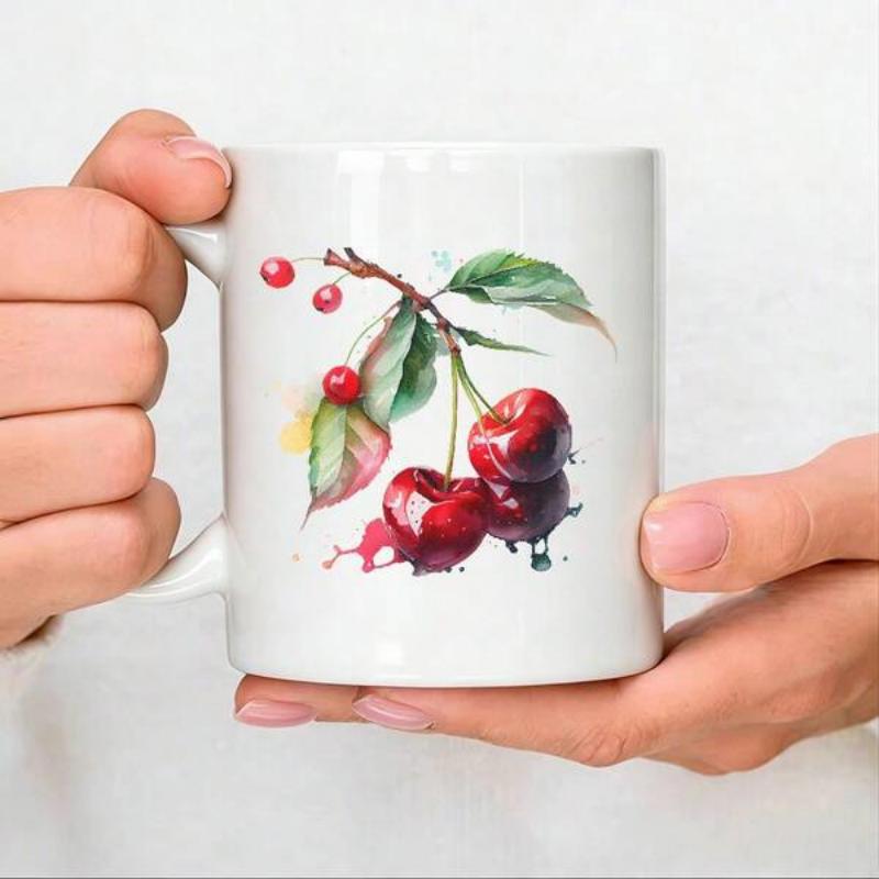 Tailorly White Ceramic 11 oz Mug - Artistic Watercolor Style Fresh Red Cherries Growing Among Lush Green Leaves Cherry