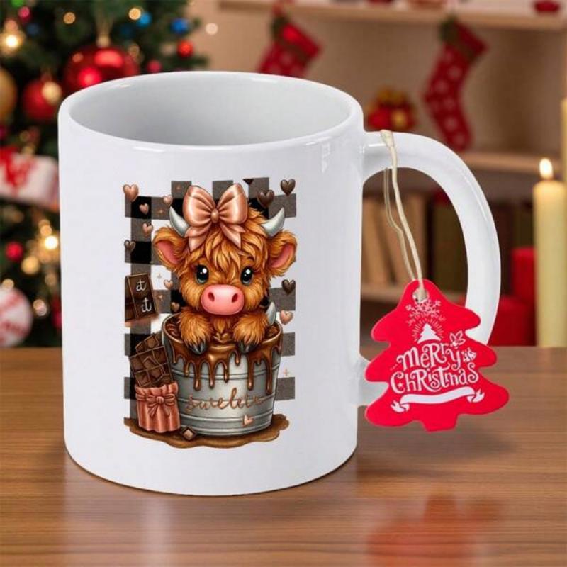 Tailorly White Ceramic 11 oz Mug - Merry Christmas Adorable Fluffy Highland Cow Sitting Inside Rustic Metal Bucket Cow