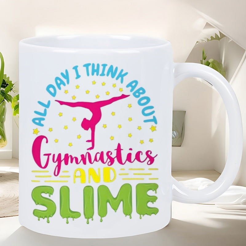 Tailorly White Ceramic 11 oz Mug - All Day I Think About Gymnastics And Slime Performing Acrobatic Movements Featuring Colorful Stars And Dripping Liquid Textures