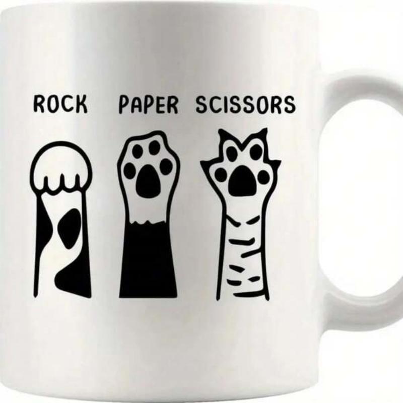 Tailorly White Ceramic 11 oz Mug - Rock Paper Scissors Minimalist Hand Drawn Style Black Ink Illustrative Cute Feline Paw
